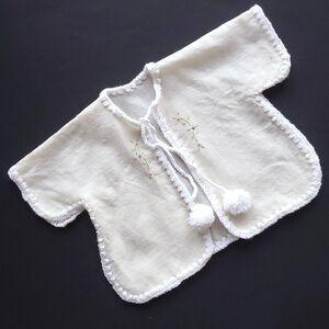 Baby Kimono Jacket Embroidered Flowers Cream White Trim Pom Poms Size 9m (est)